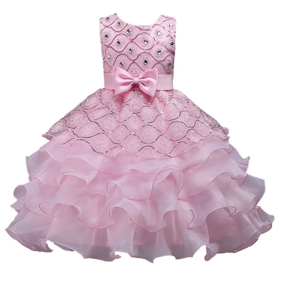 MGDXOX Girls Sleeveless Tulle Dress with Rhinestone Bodice Bow Waist and Tiered Skirt Formal Party Dress for Weddings Pink 3-4Years