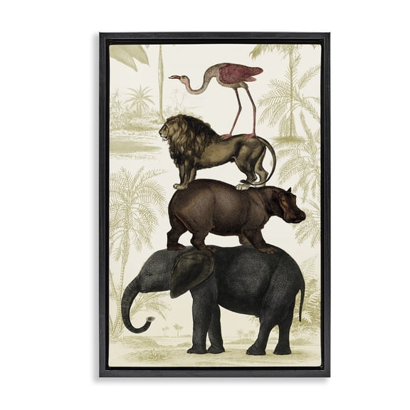 Stupell Industries Jungle Animals Tower Animals Painting Black Floater Framed Canvas Art Print Wall Art, 17 x 25