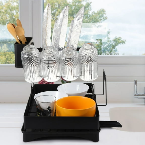 2 Tiers Dish Drying Rack, Foldable Stainless Steel Dish Rack with Detachable Cup Rack, Utensil Holder, and Lid Holder, Space-saving Dish Strainer with Drainboard for Countertop