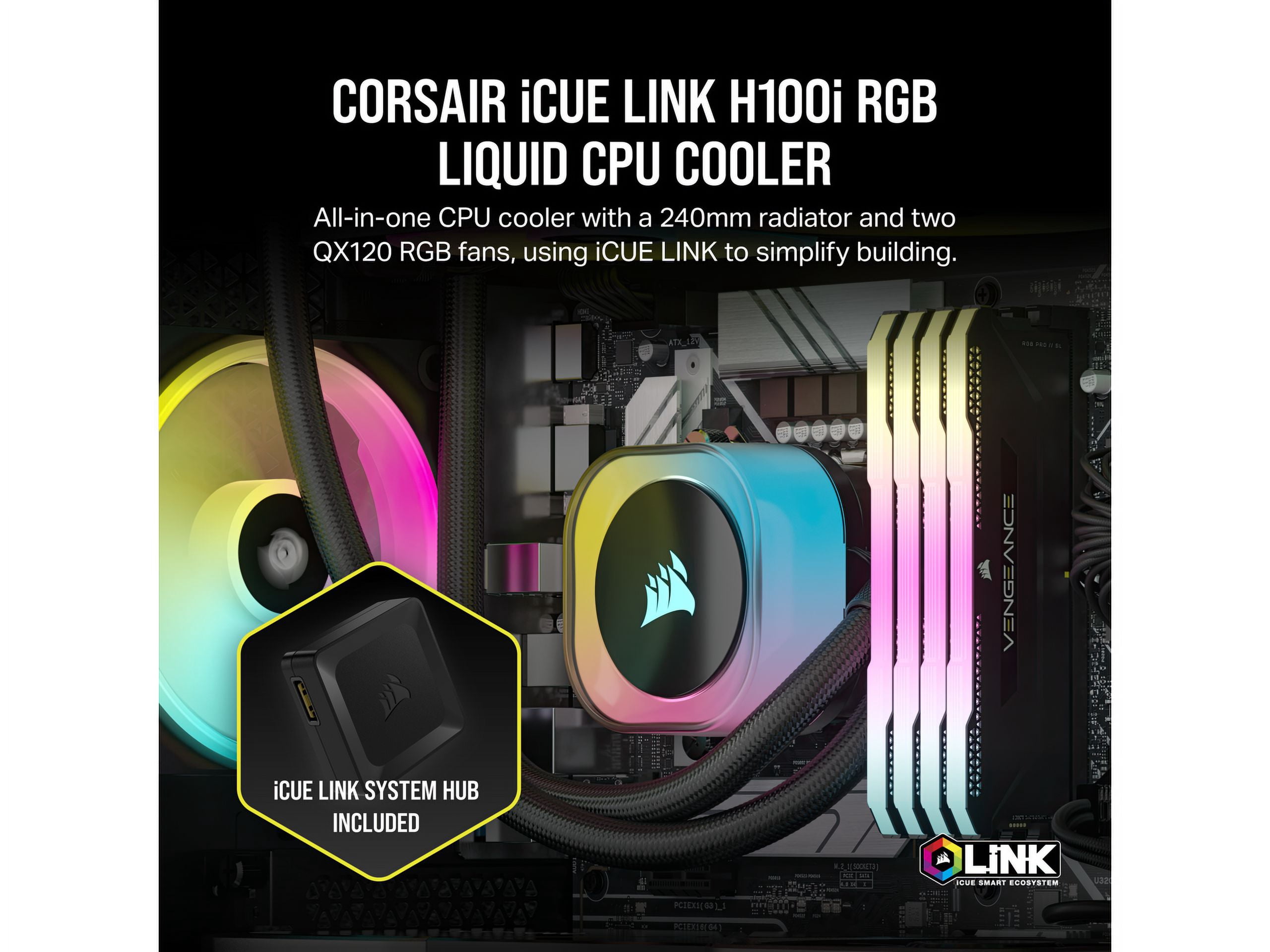 CORSAIR iCUE Link H100i RGB Liquid CPU Cooler - 240mm AIO - QX120 RGB Fans - Fits Intel LGA 1851, AMD AM5 - iCUE Link System Hub Included - Black