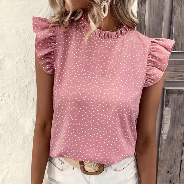 Top de Cuello Redondo Fiudx Manga Corta con Lunares y Volantes para Mujer a La Moda