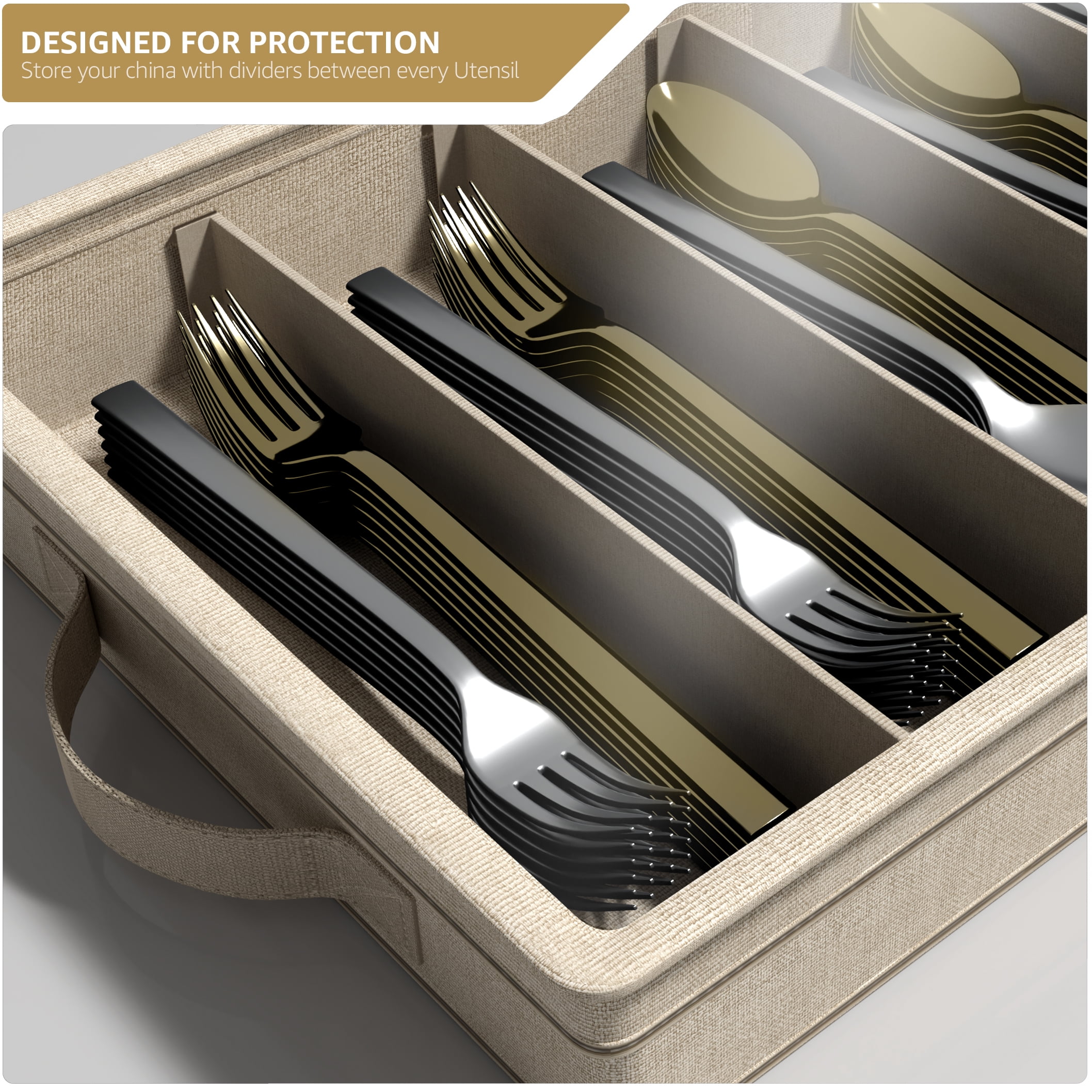 Sorbus Flatware Storage Case with Clear Lid, Great Fabric Container Box Chest for Organizing Utensils, Silverware, Flatware, Large Capacity, Beige