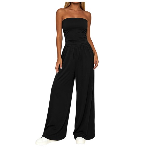 RFQWOVSR Women's Strapless Tube Top Rompers,High Waist Wide Leg Jumpsuits for Summer Vacation XL