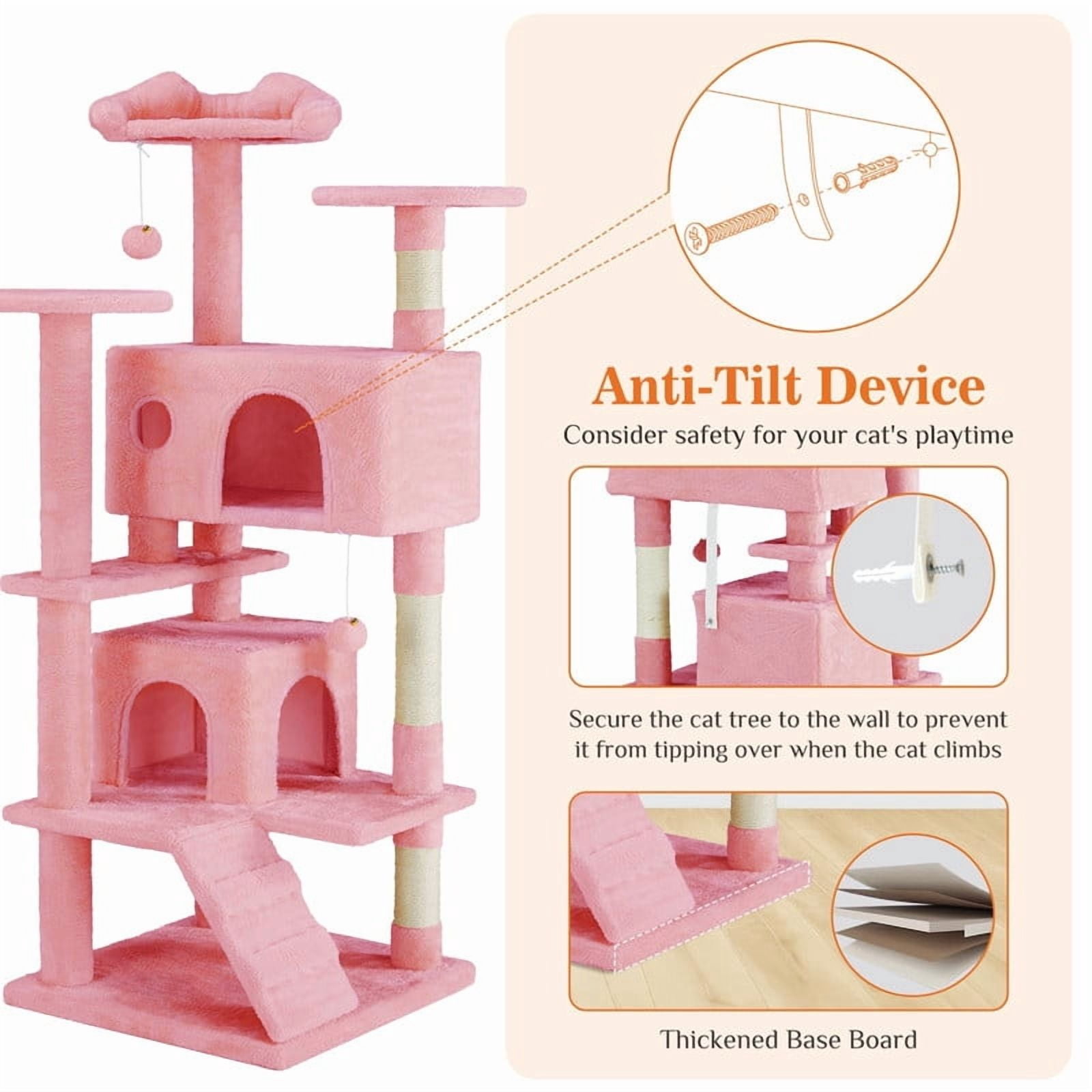 Kelno 54" Cat Tree Tower Durable Cat Climbing Tower with Sisal Scratching Posts Cozy Condo Hammock and Platforms, Pink