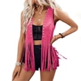 thumbnail image 2 of Women's Western Fringe Vest Sleeveless Faux Suede Cowgirl Jacket 70s Hippie Tassel Trim Open Front Cardigan Outfit, 2 of 7
