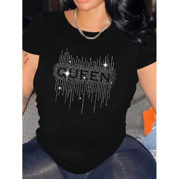D129 Women's Casual Short Sleeve T-Shirt with Rhinestone Heart & "GREEN" Graphic Print, Stretchy Cotton Blend, Round Neck, Machine Washable, All-Season Comfort, Allseason Apparel | Round Neck Tshirt