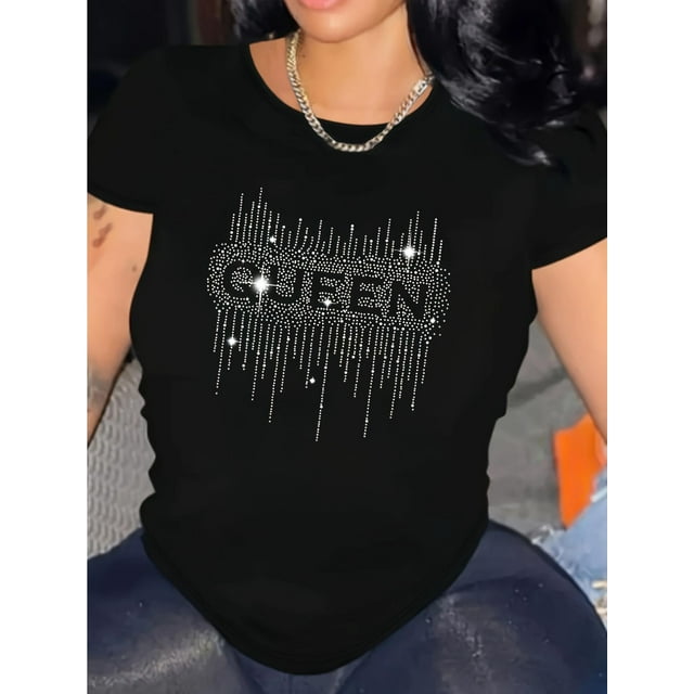 D129 T-Shirt Décontracté à Manches Courtes pour Femmes avec Cœur en Strass & Imprimé Graphique "Vert", Mélange de Coton Extensible, Col Rond, Lavable en Machine, Confort Toutes Saisons, Vêtements Toutes Saisons T-Shirt Col Rond
