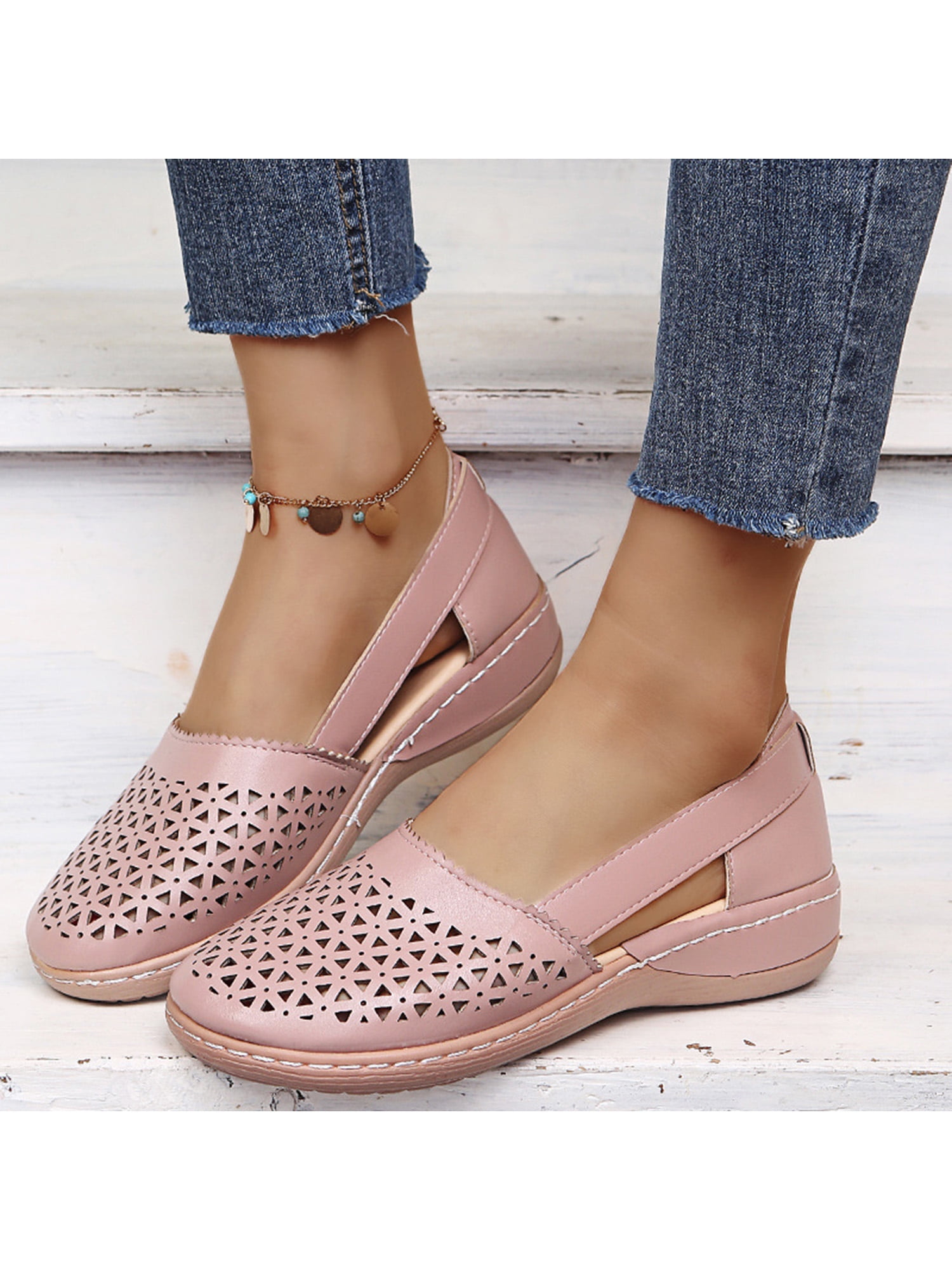 Womens Slip On Loafers Hollow Out Breathable Roman Sandals Casual Comfort Walking Flats Shoes 