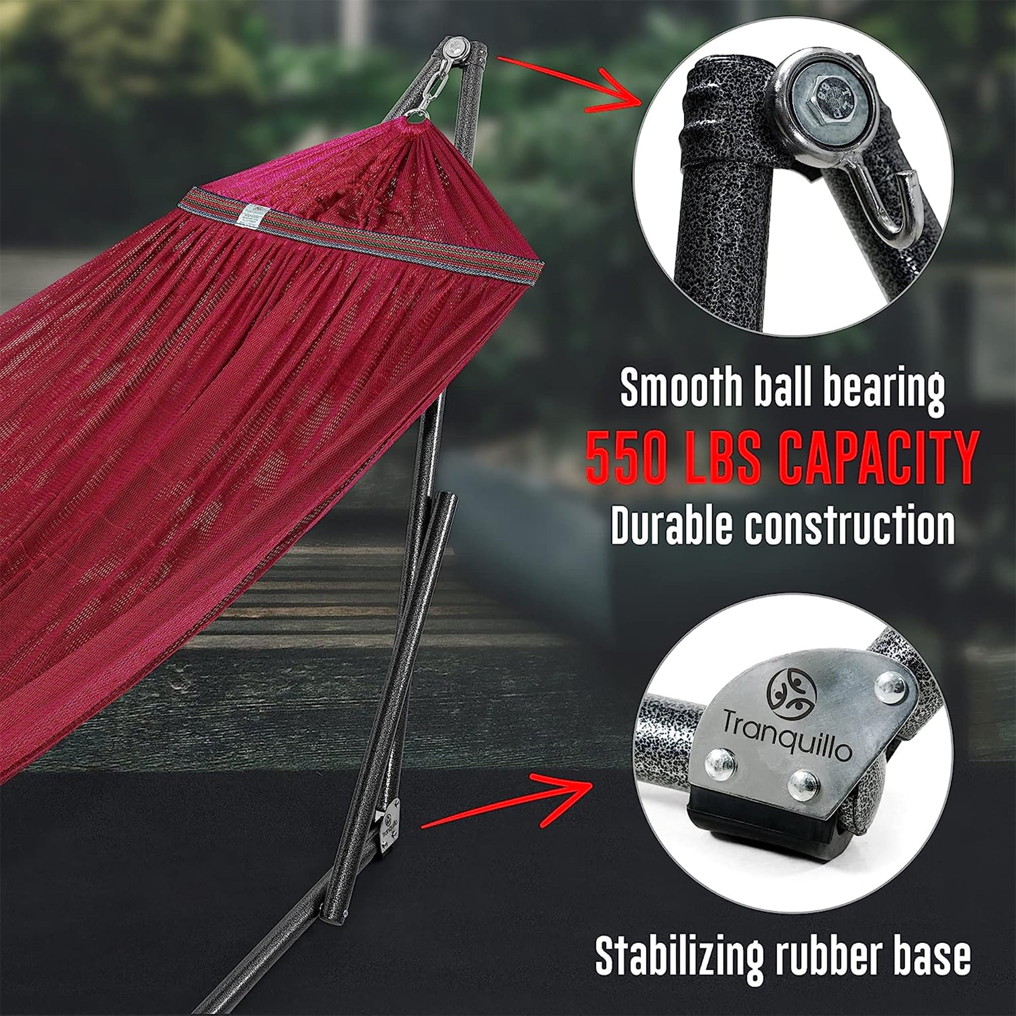 Tranquillo Adjustable Hammock Stand / Collapsible Hammock with Stand – Picnic Hammock Stand and 2 Layered Polyester Hammock Net for 2 Persons with Carry Bag - Supports up to 550lbs, Red