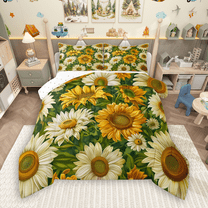 Manfei Daisy Sunflower Bedding Comforter Set 2pcs for Girls, Floral Flower Twin Comforter Sets, Green Leaves Bedding Set, Luxury Bedroom Decor