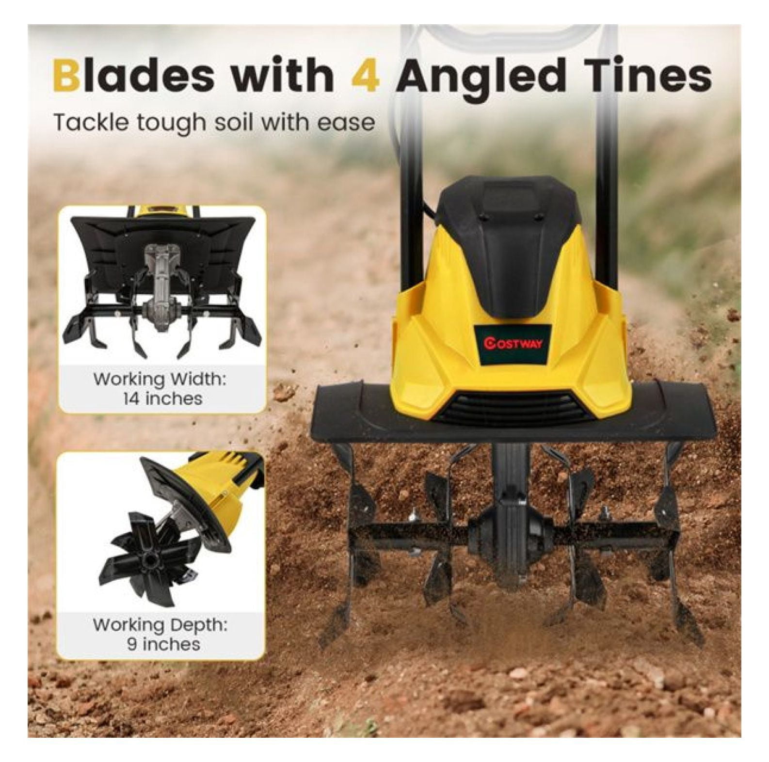 10 Amp Electric Tiller - 380 RPM Garden Cultivator, 14" Working Width, 4 Blades, Foldable Handle for Soil Preparation