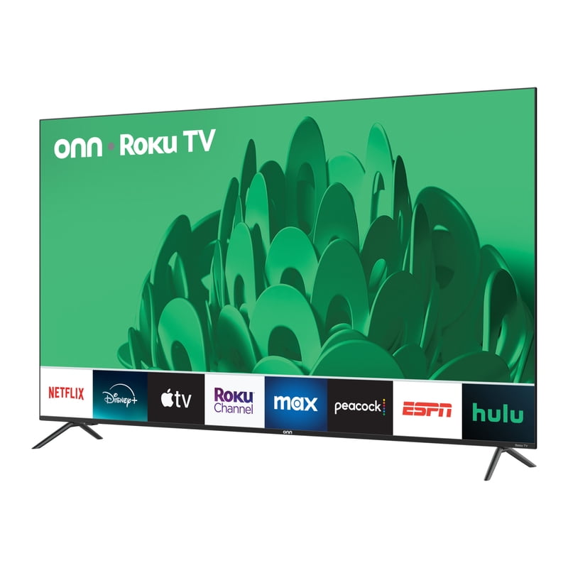 onn 75" Class 4K UHD Roku Smart Television, 100044717 front and back view