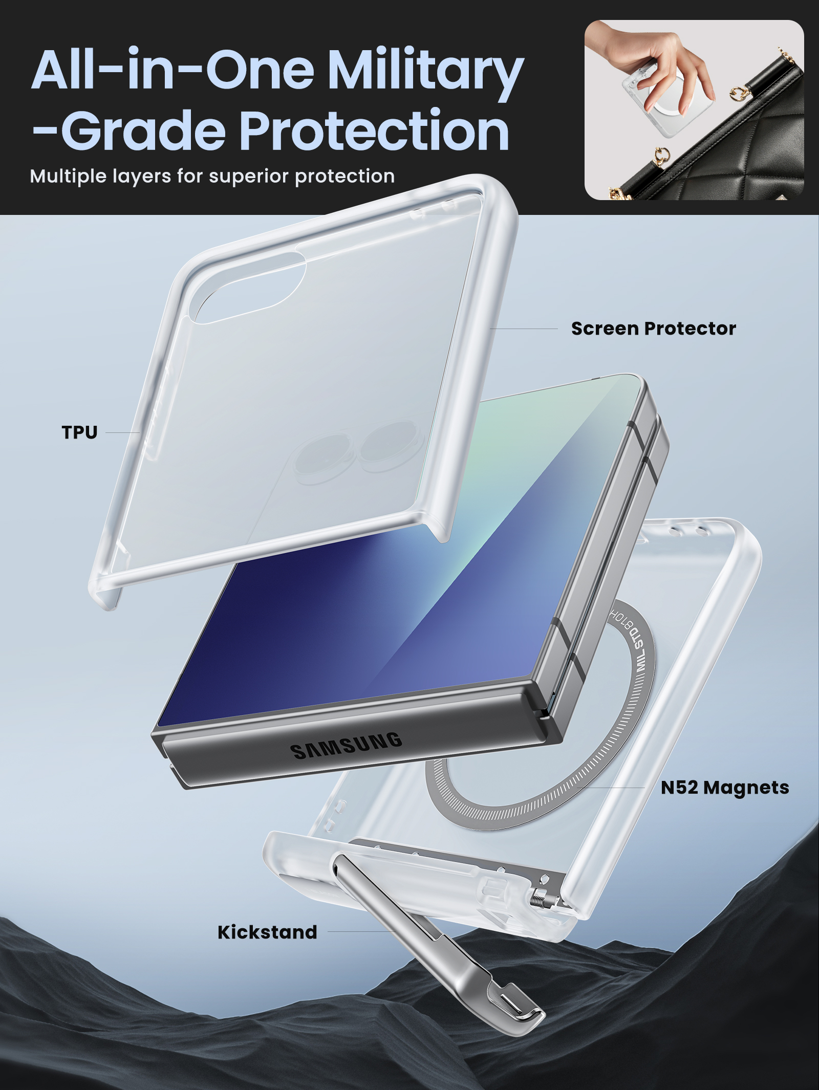 i-Blason for Samsung Galaxy Z Flip 7 Case with Stand [Tempered Glass Screen Protector] [Hinge Protection] [Strong Magnetic Absorption] Slim Matte Protective Magnetic Phone Cover for Z Flip 7, Clear