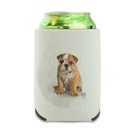 

British Bulldog Puppy Dog Wearing Heart Glasses Can Cooler - Drink Sleeve Hugger Collapsible Insulator - Beverage Insulated Holder