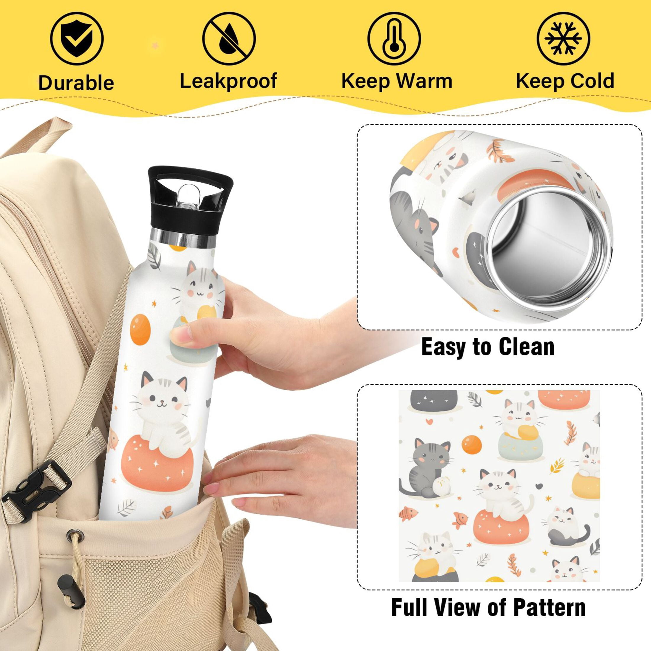 Kids Insulated Stainless Steel Sports Water Bottle 600ml (20oz) Cats and Fish Pattern
