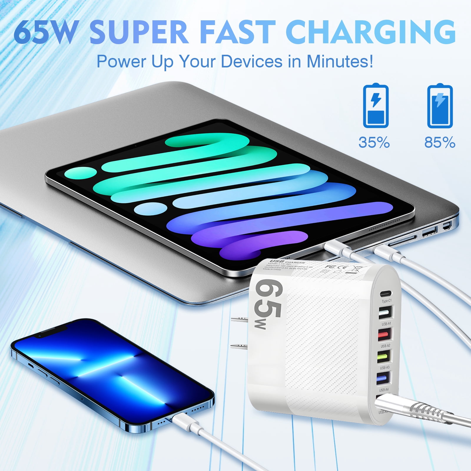SPOKKI 2-Pack 65W USB C Fast Charger Block with 6 Ports & 3-in-1 Charging Cable, PD GaN Wall Charger Adapter for iPhone 15/14/Pro, Samsung Galaxy, iPad, MacBook, Laptop