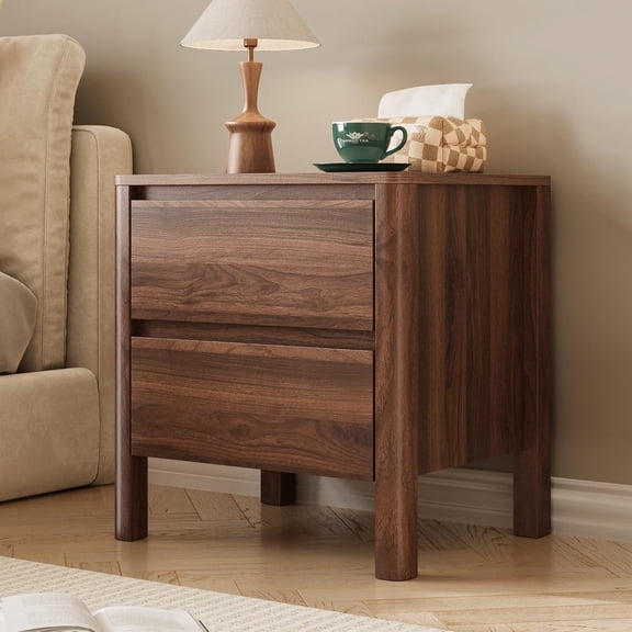 FURNIWAY Walnut Nightstand with 2 Drawers, Mid Century Modern Bedside Table with Hidden Handles and Solid Wood Legs, Wooden End Table for Bedroom and Living Room