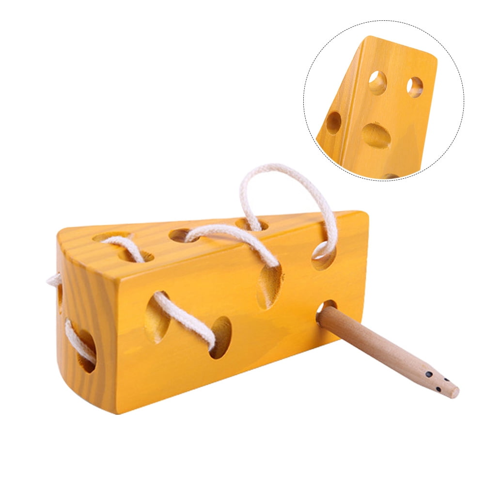 AIHOME Wooden Cheese Montessori Toy Mouse and Cheese String Lacing Activity Toy Wood Block