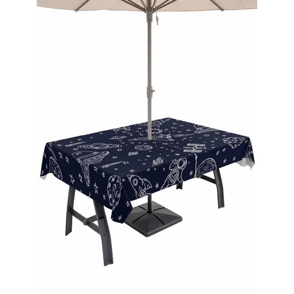 Outdoor Tablecloth with Umbrella Hole for Patio/Picnic/Party/Camping, Cartoon Space Waterproof Table Cloth Rectangle Table Cover Washable, Spacecraft Rocket Meteorite Star Funny (60"x 120")