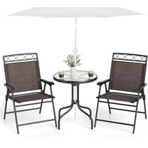 HYYOP 3 Pieces Patio Dining Set with Round Glass Table, Folding Chairs, Outdoor Chairs Table Set with Umbrella Hole for Garden Poolside Backyard
