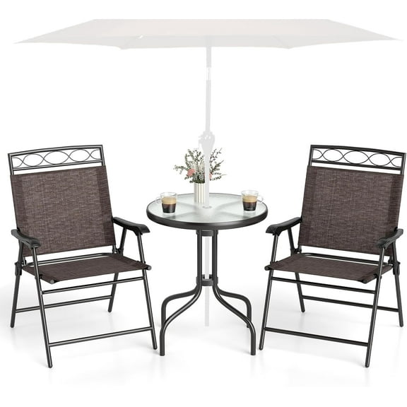 HYYOP 3 Pieces Patio Dining Set with Round Glass Table, Folding Chairs, Outdoor Chairs Table Set with Umbrella Hole for Garden Poolside Backyard