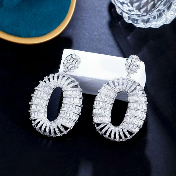 Chunky White Gold Plated CZ Crystal Bridal Wedding Long Oval Dangle Drop Earring