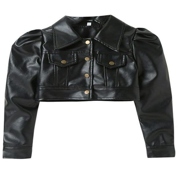 Toddler Infant Kids Coat Girls Solid Color Turn-Down Collar Long Sleeve PU Leather Jacket Tops Brown 2-3 Years