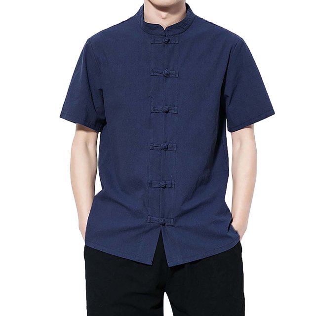 Camisas De Vestir Para Hombre 5xl Novedad de verano, camisa de estilo étnico, camisa de Color sólido, camisa de manga corta delgada con cuello levantado y botones para hombre (Navy, 5XL)