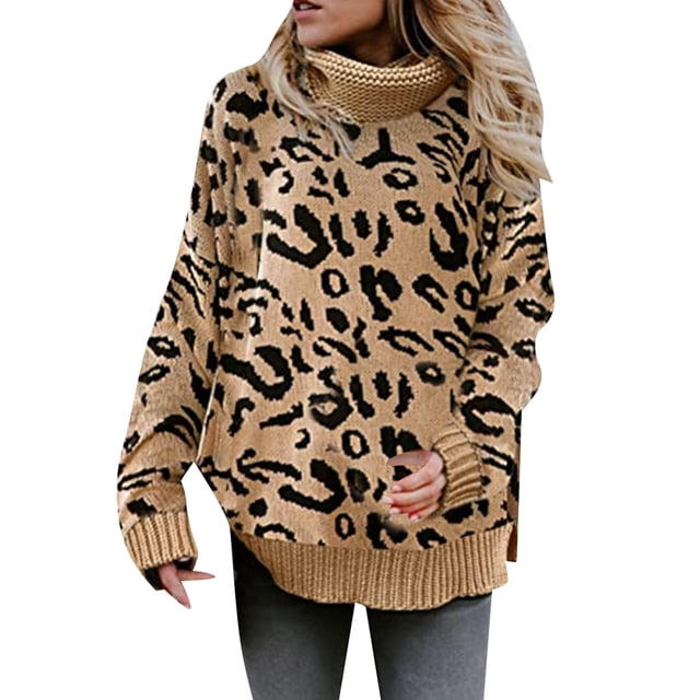 Gibobby SuéTer De Invierno Para Mujer Europa y América Casual Split Knitwear Leopard Two Lapel Pullover Sweater Mujer(A,G)