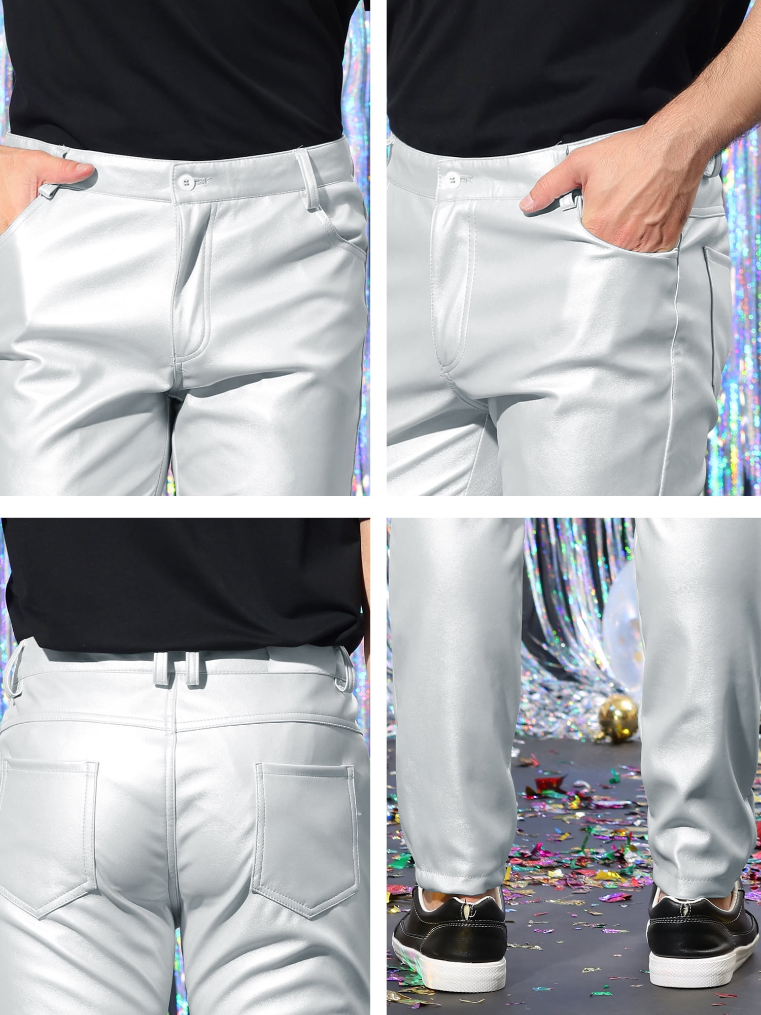 Unique Bargains Men's Metallic Slim Fit Night Club Disco Shiny Faux Leather Pants 34 Silver