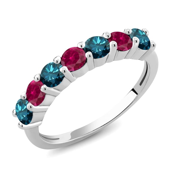 Gem Stone King 925 Sterling Silver Round Blue Diamond Red Created Ruby Anniversary Ring for Women (1.35 Cttw, Gemstone Birthstone) (Size 5)