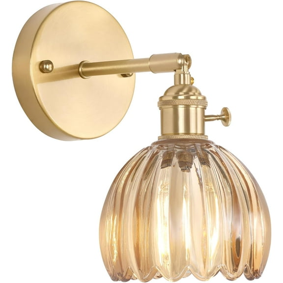 Vintage Wall Sconces with Cute Amber Tulip Glass Lampshade 180 Degree Adjustable Brass Sconces Hradwired Modern Wall Lighting Fixture with Switch for Bedside Bedroom Doorway
