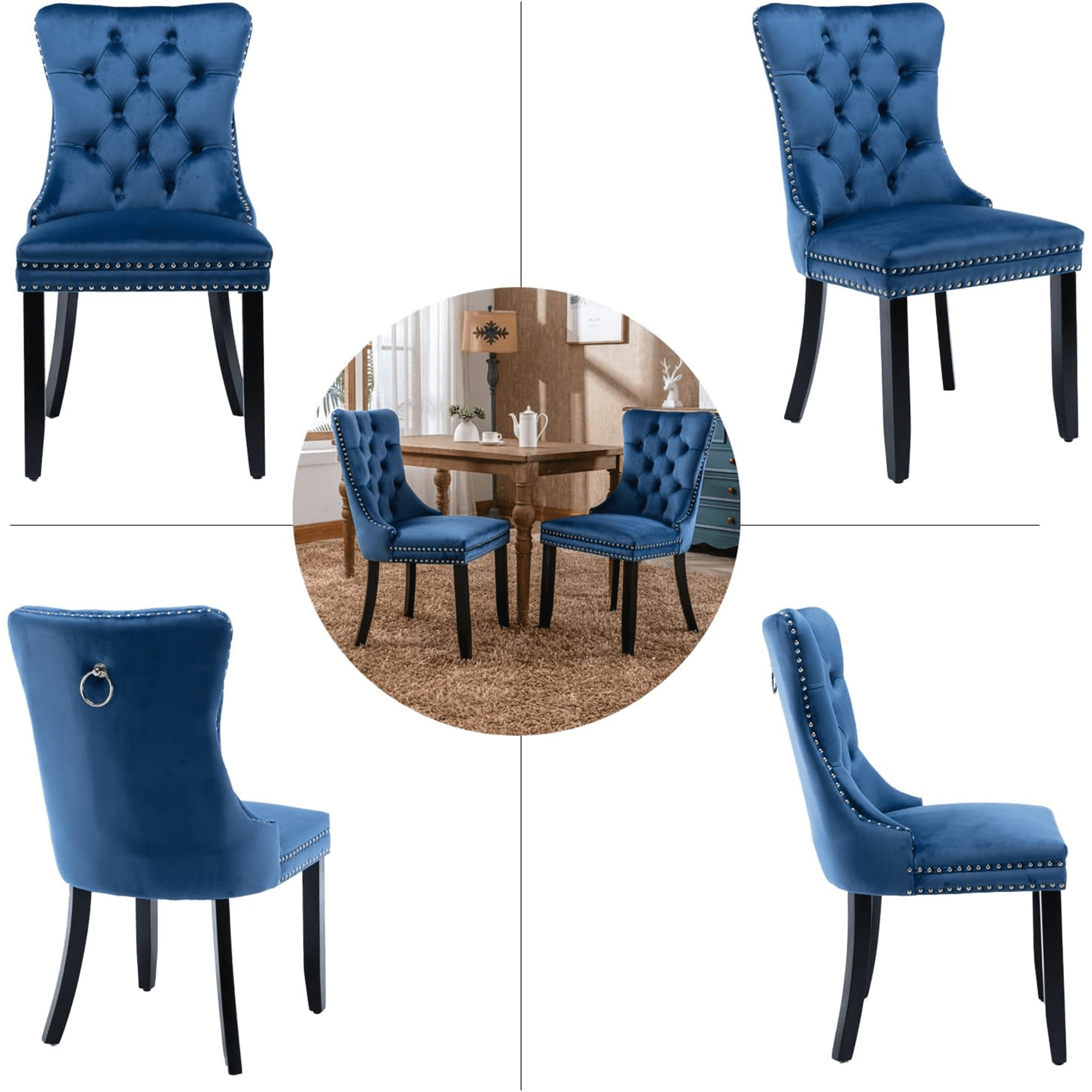 LegaHome Dining Chairs Set of 2, Velvet Upholstered Dining Chair with Nailhead Trim&Solid Wood Legs, Button Padded Dining Chairs Set for Kitchen Dining Room Living Room, Blue