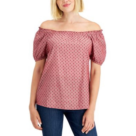 MSRP $50 Style & Co Cotton Off-The-Shoulder Swiss-Dot Top Red Size XS