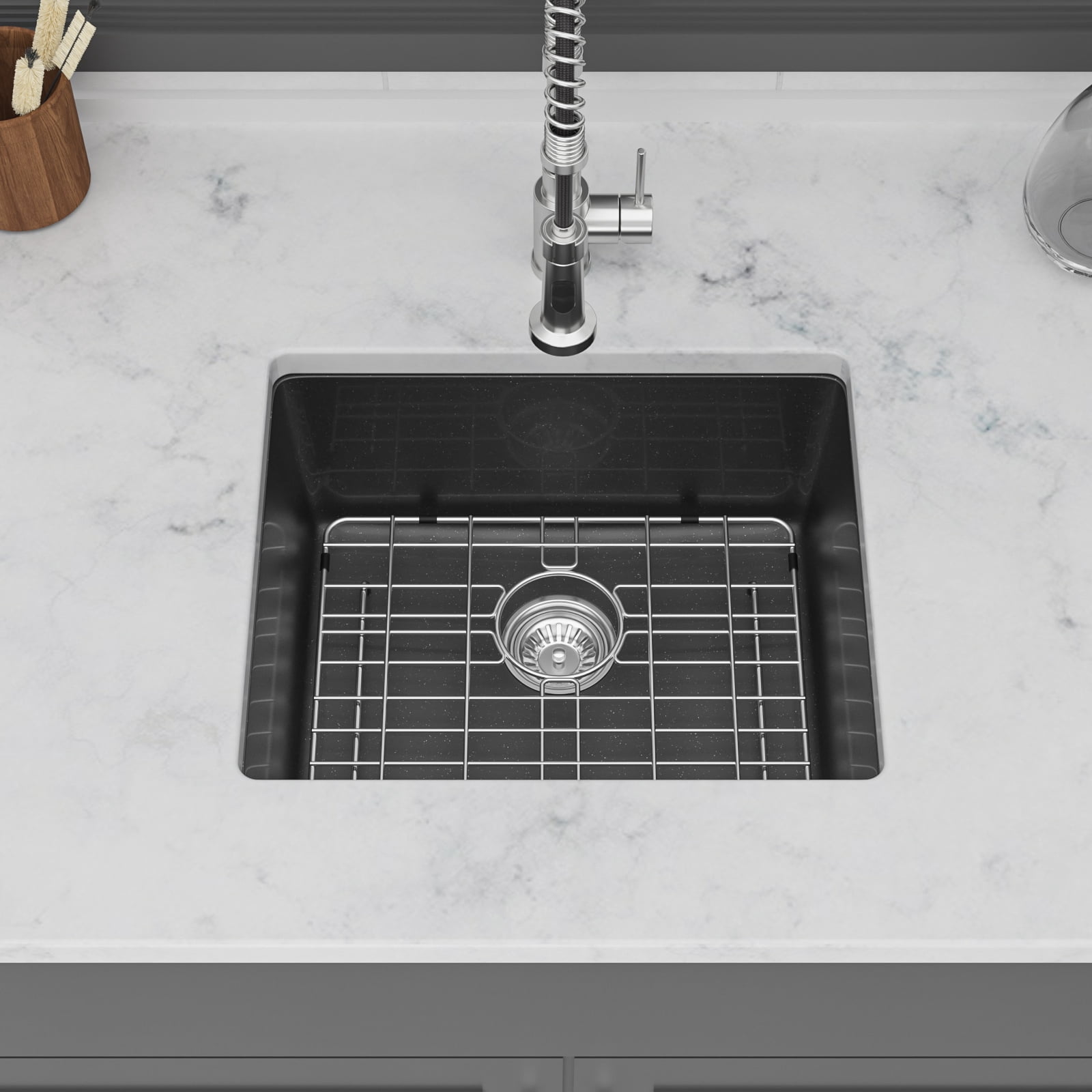 METAFLOWX Quartz Kitchen Sink - 21" x 18" x 9.65" Black Granite Composite Undermount Bar Sink