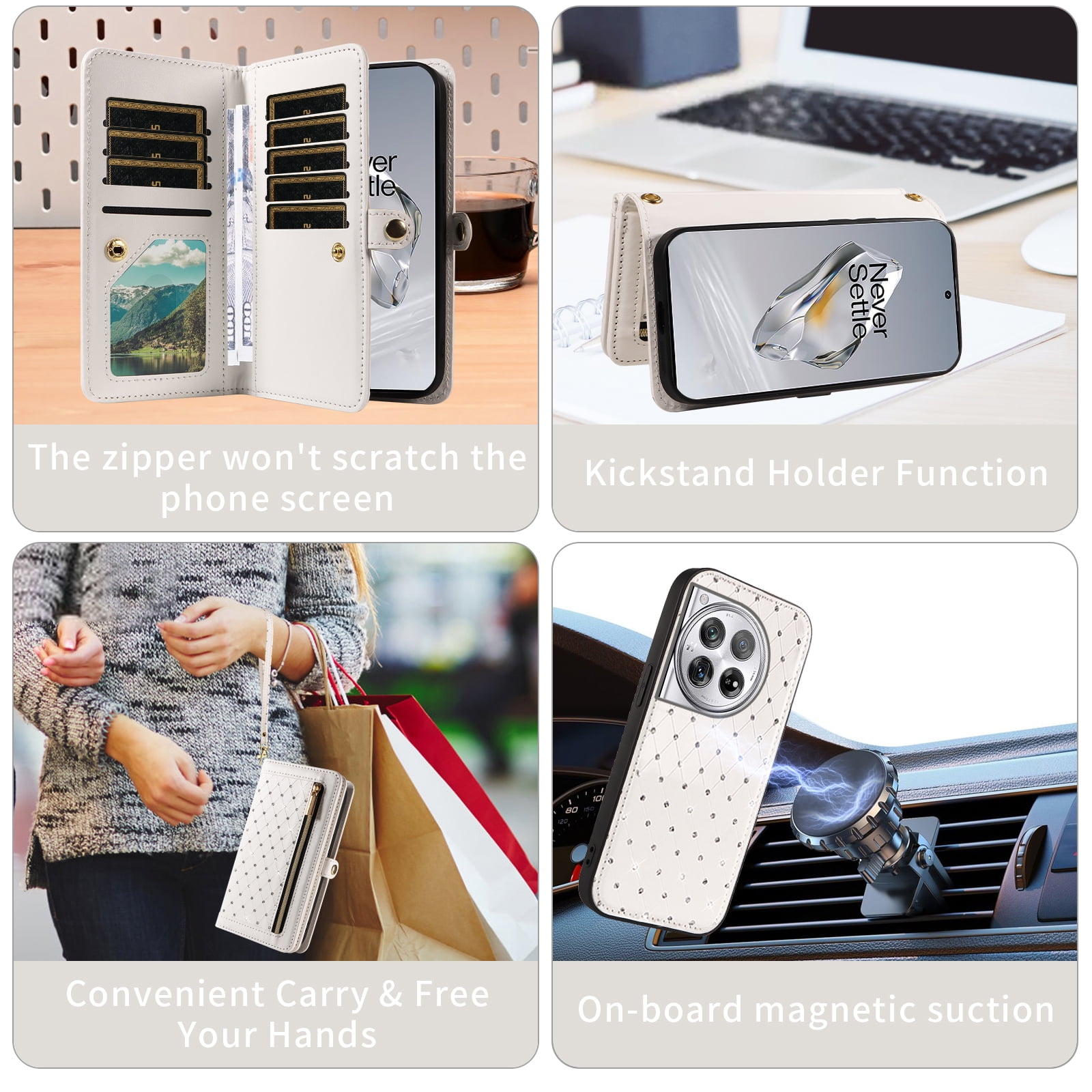 Asuwish Phone Case for OnePlus 12 5G Zipper Wallet Detachable Cell Cover with Tempered Glass Screen Protector Crossbody Lanyard Strap Bling Glitter Flip Card Holder Slot One+ 1plus12 2024 Women White