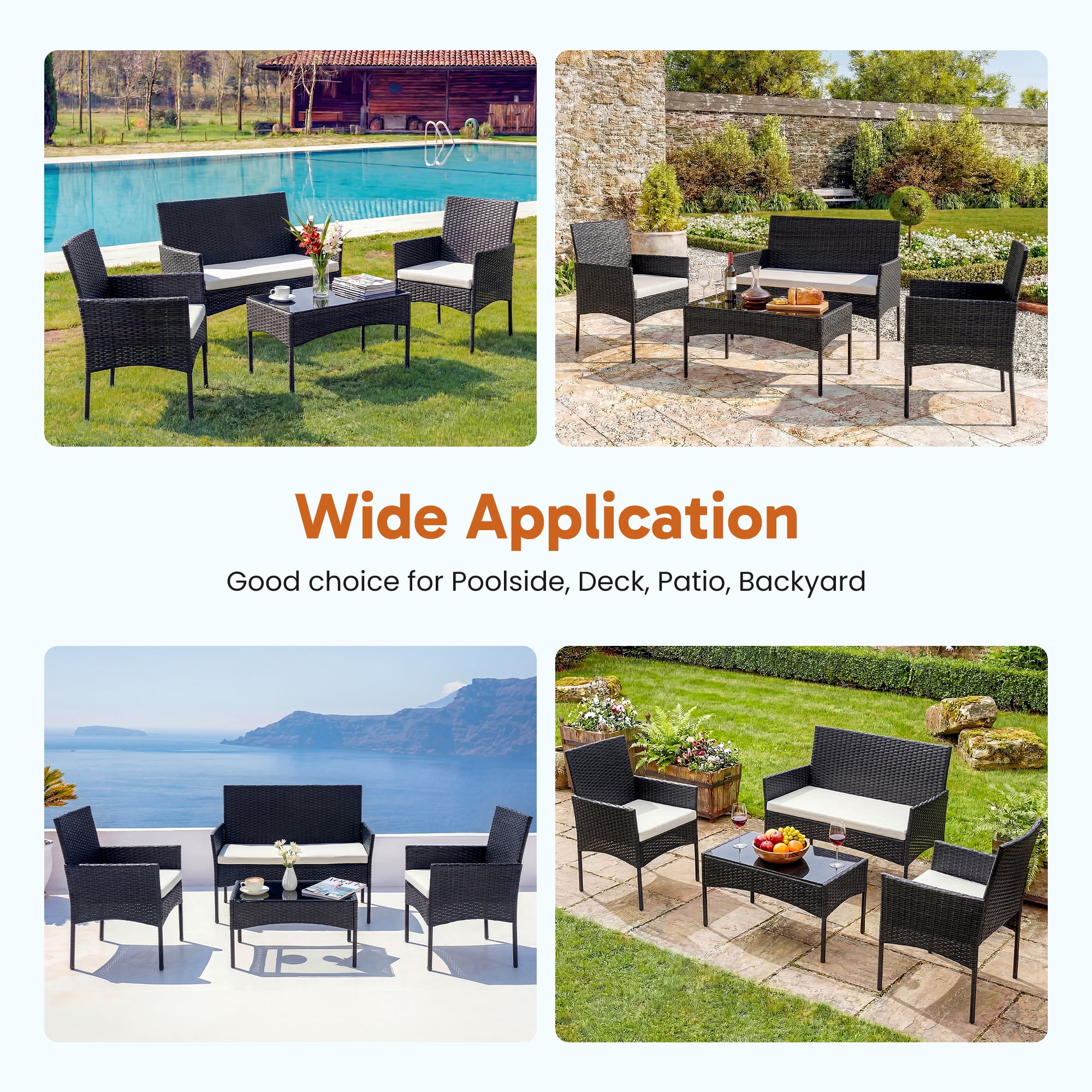 EDX 4 Piece Patio Furniture Set, All-Weather PE Rattan Conversation Set with Black Tempered Glass Coffee Table, Washable Cushions, for Porch Garden Backyard, Black/Beige