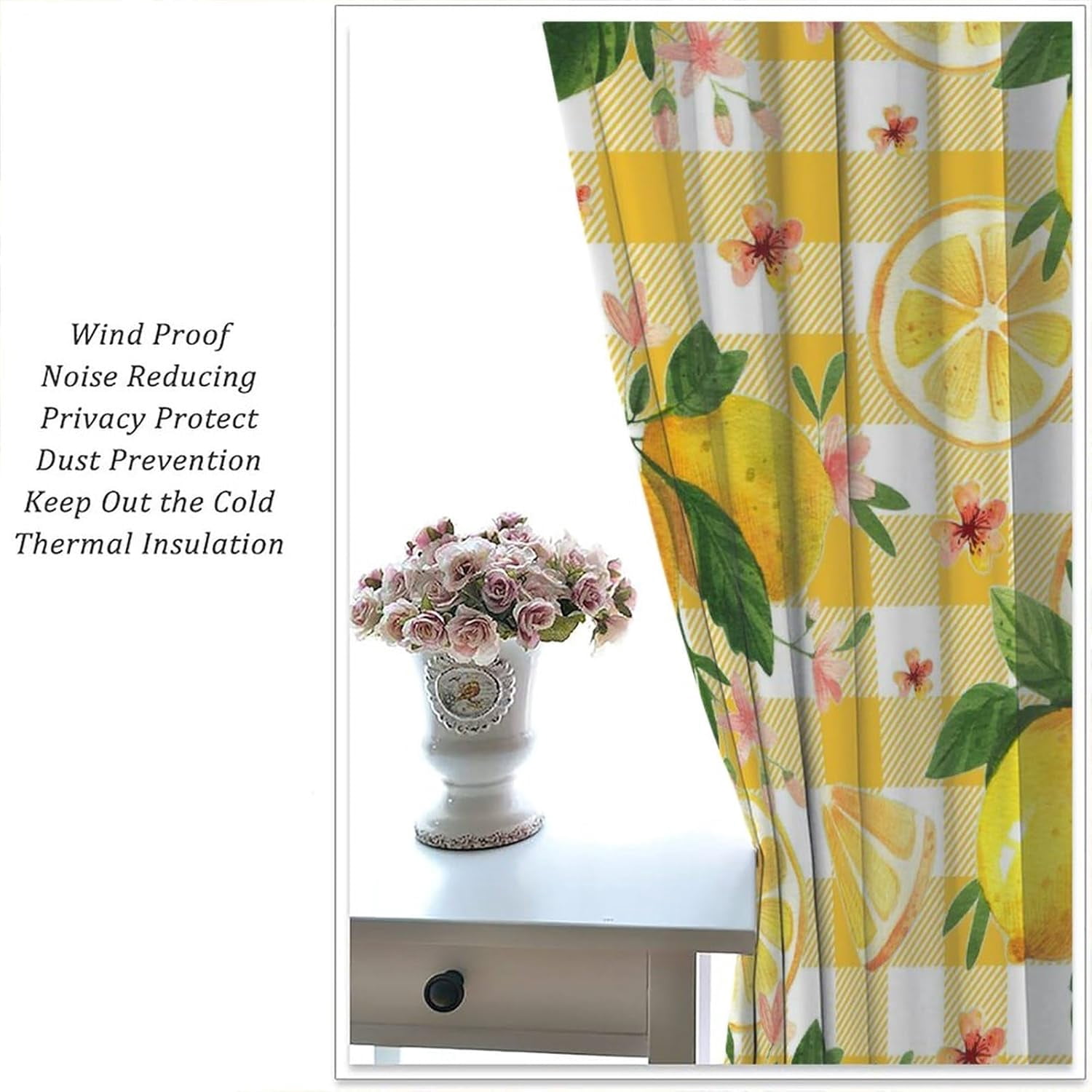 Watercolor Lemon Curtains, Summer Lemon Floral Natural Fruit Themed Yellow Lattice Print Design, Bedroom Living Room Blackout Noise Reduction Curtains, 2 Panel Set,42X54 Inch