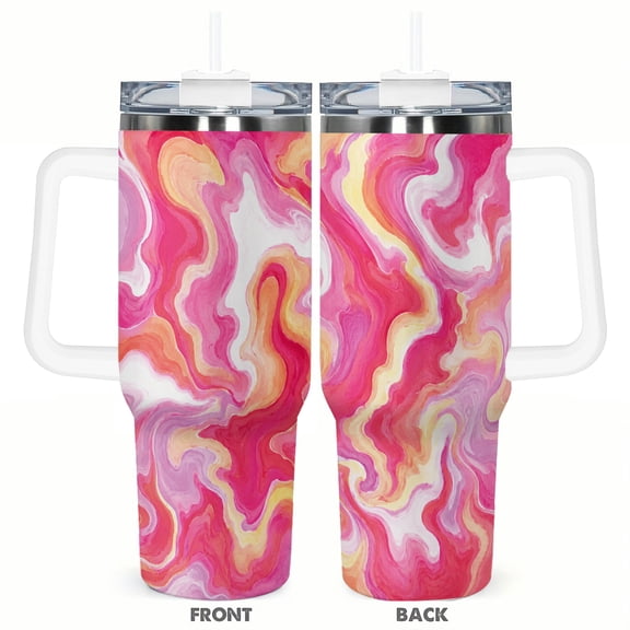 40oz Pink Abstract Marble Travel Tumbler with Handle and Straw Insulated Car Cup Gift