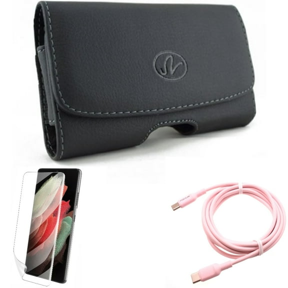 Pink 10ft Long Cable w Matte Screen Protector w Case Belt Clip for Samsung Galaxy S21 Plus - USB-C to Type-C PD Fast Charger, TPU Film Anti-Glare, Leather Swivel Accessory Bundle