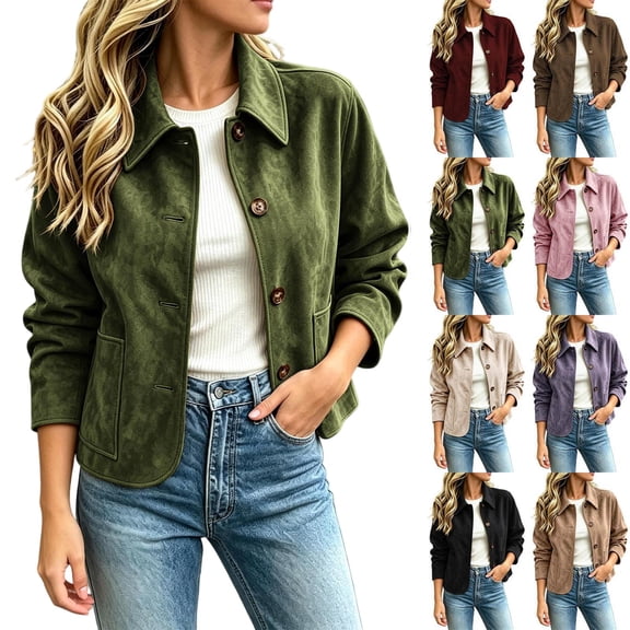 Tqcoqu Faux Suede Casual Cropped Fall Jacket for Women Trendy 2026, Button Down Short Casual Outwear with Pockets