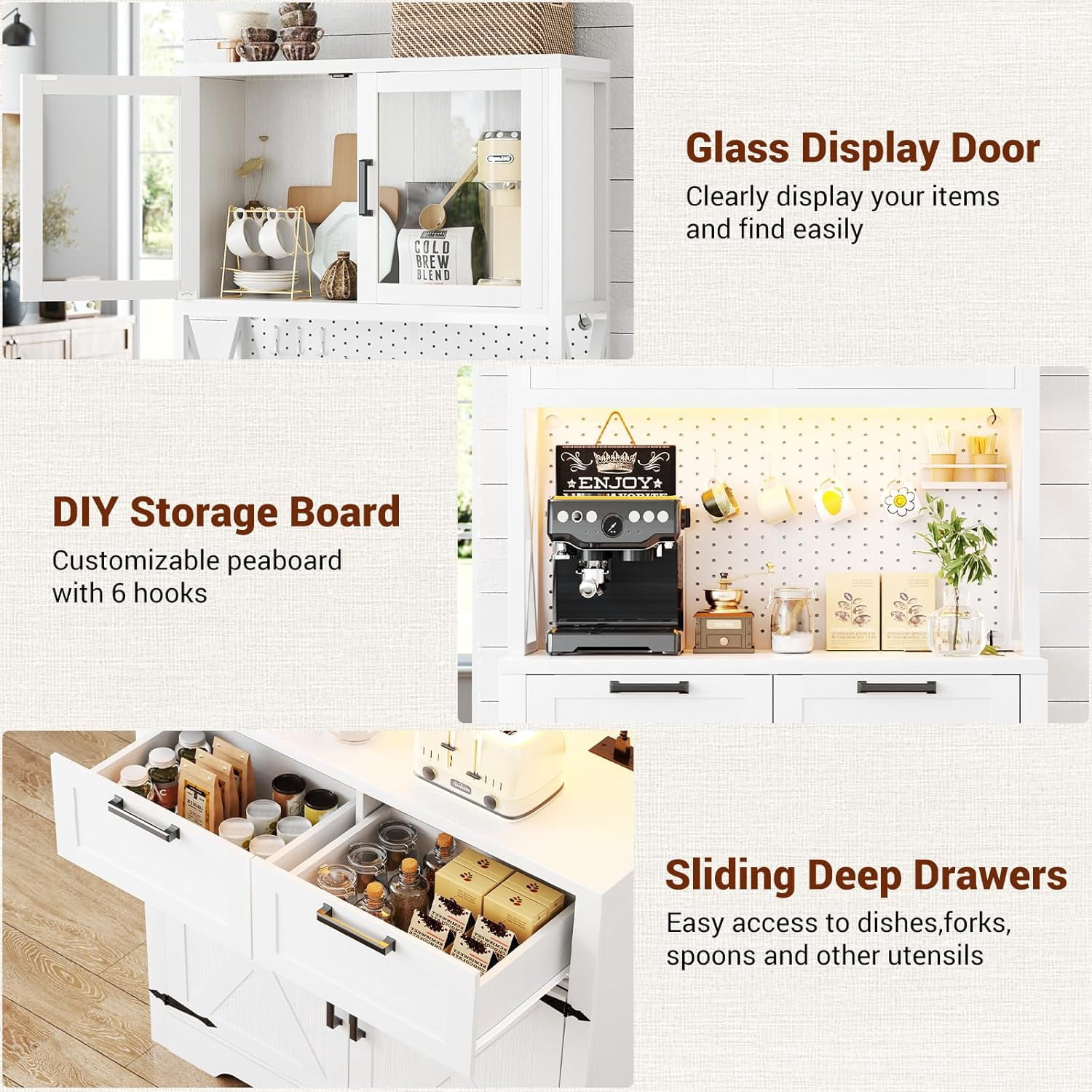 71" Tall Pantry Cabinet with Outlets and LED Light, Homieasy 5-Layer Storage Cabinet with 2 Drawers and DIY Pegboard for Kitchen, Dining, Living Room, Garage, White & Rustic
