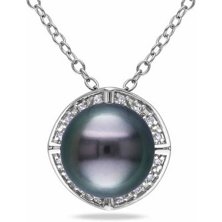 8-8.5mm Black Round Tahitian Pearl and Diamond Accent Sterling Silver Halo Pendant, 18