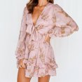 thumbnail image 2 of Vestido floral con dobladillo con volantes y nudo de vendaje de manga larga con cuello en V profundo estampado floral para mujer Pompotops  hdfakjf6338, 2 of 8