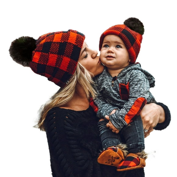 Parent-enfant Chapeau Hiver Chaud au Crochet Tricot Famille Mère Bébé Bonnet de Ski à Carreaux avec Pompon