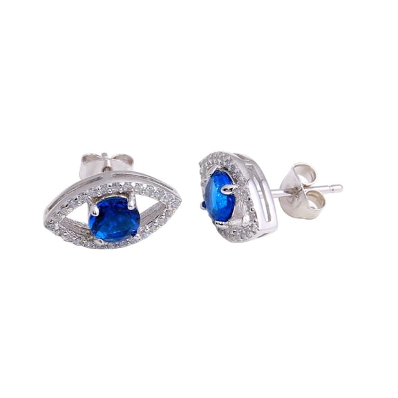 Simulated Sapphire Cubic Zirconia Center Evil Eye Stud Earrings Sterling Silver