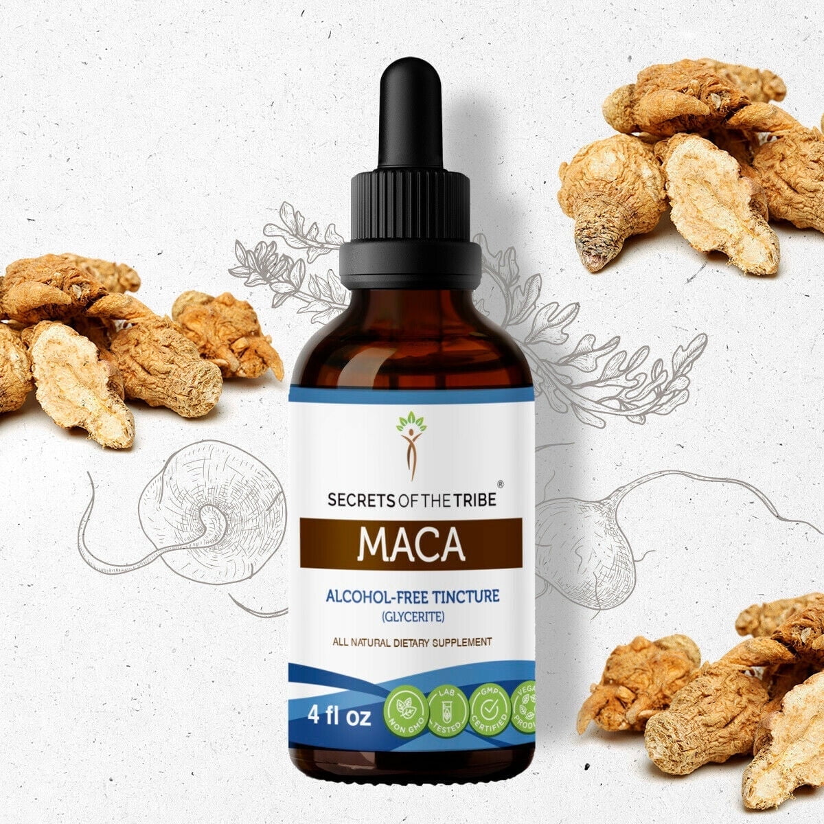 Secrets Of The Tribe Maca Tincture Dietary Supplement, Natural Herbal Extract for Energy Support, Maca (Lepidium meyenii) Dried Root, Alcohol-Free Extract, Drops 4 oz