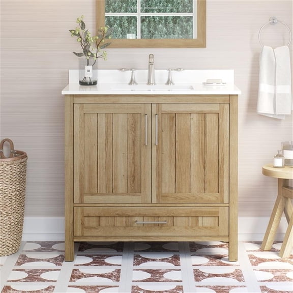 Pemberly Row 36" Bathroom Vanity in White Oak with White Countertop