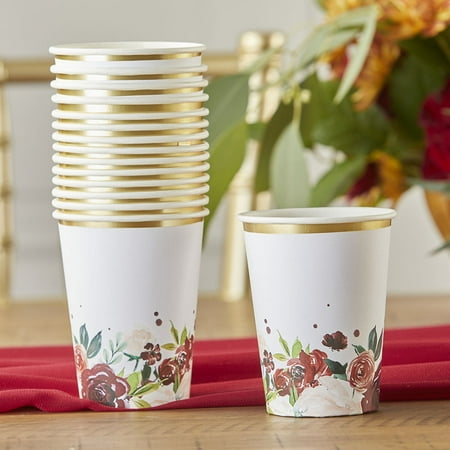 Burgundy Blush Floral Party Cups | Kate Aspen 32 Pcs 8 oz. Disposable Paper Cups Drinkware Party Favor for Birthday, Wedding, Bridal Shower, Baby Shower, Anniversary Party (Bulk)
