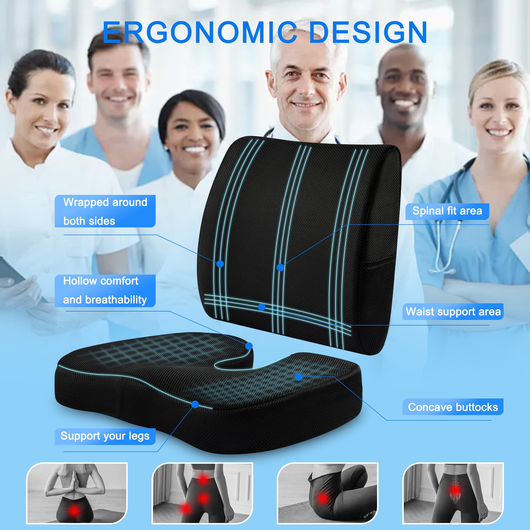 DONAMA Memory Foam Chair Seat & Lumbar Cushion for Tailbone, Hip Pain Relief - Ideal for Office, Car, Wheelchair